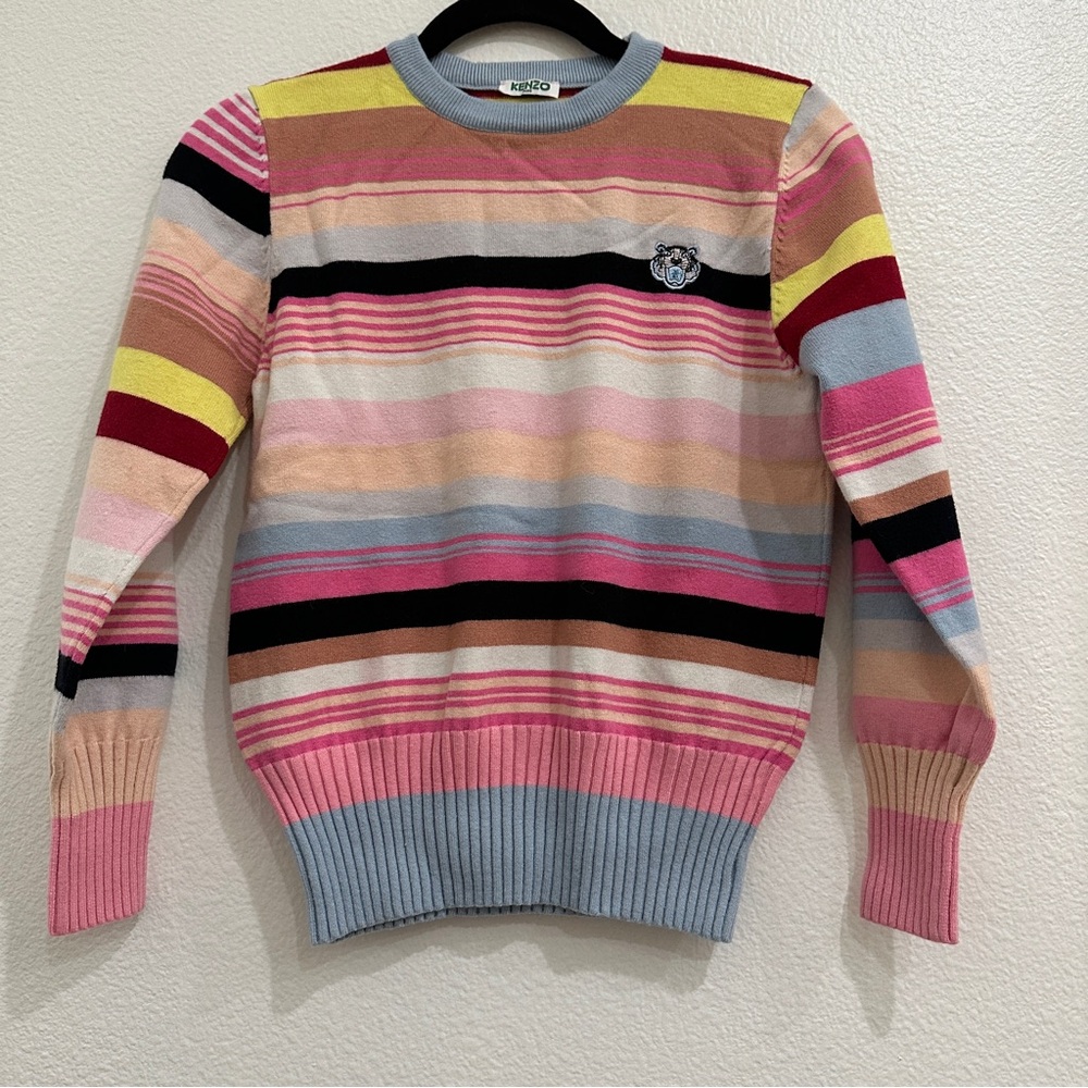 Kenzo Girls Multicolor Striped Tiger Logo Crew Neck Sweater Size Large